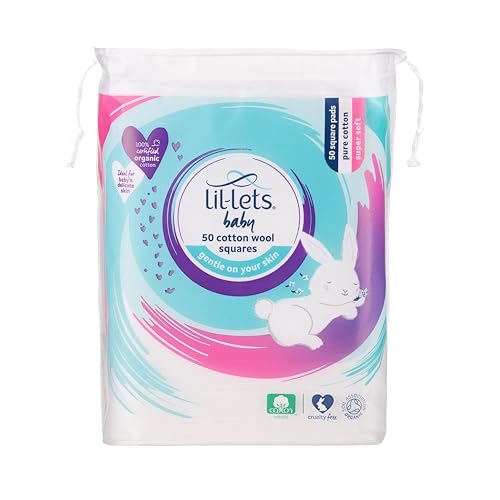 Lil-Lets Baby Cotton Squares 50 Count (1 Pack), 100% Pure Cotton, Certified Organic, Soft and Gentle, Dermatologically Tested, Suitable for Babies.