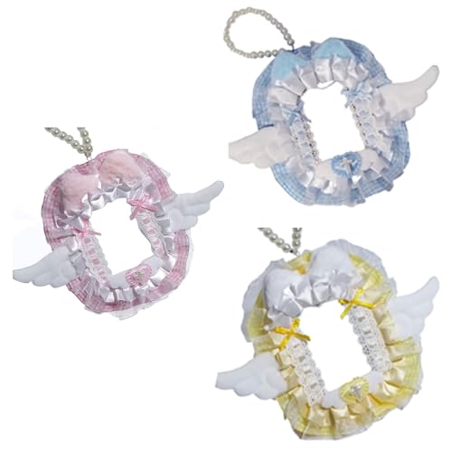 Plush Wing Ruffled Lace Trim Photocard Holder with Beaded Chain Plush Cats Ears Photo Card Case for Keychain Bag Pendant3
