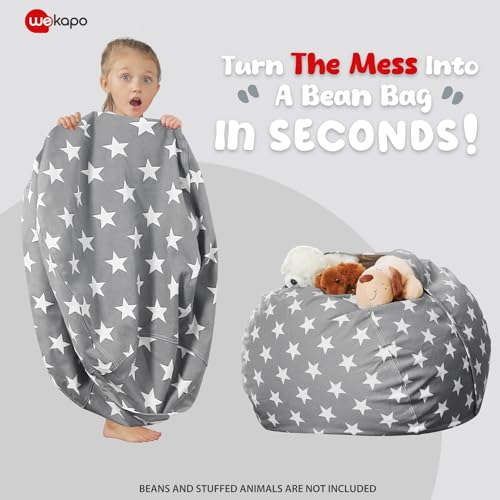 Wekapo-Stuffed-Animal-Storage-Bean-Bag-Chair-Cover-for-Kids-Stuffable-Zipper-Beanbag-for-Organizing-Children-Plush-Toys-Large-Premium-Cotton-Canvas-Grey-star-X-Large Wekapo Stuffed Animal Storage Bean Bag Chair Cover for Kids Stuffable Zipper Beanbag for Organizing Children Plush Toys Large Premium Cotton Canvas Grey star X Large