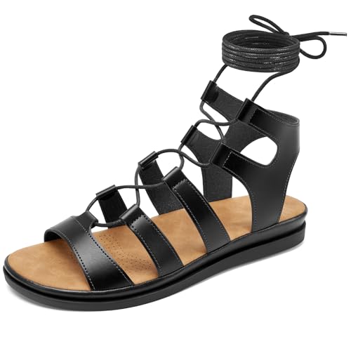 Image of HARENCE Summer Flat Sandals for Women: Comfortable Strappy Cross Lace Up Gladiator Flats Shoes Dressy Casual Non Slip Walking Sandal