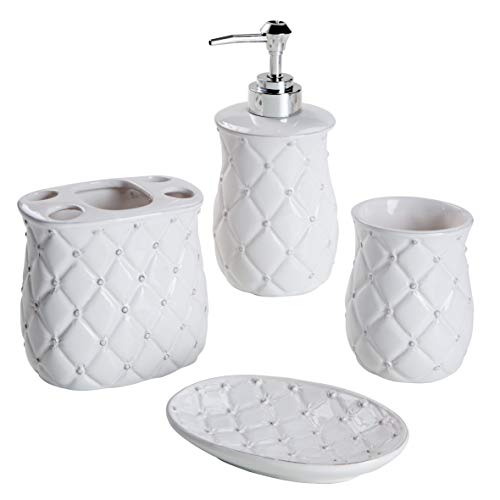 Baroni Home Set in Ceramica accessori da Bagno, Include Dispenser, Portaspazzolino, Bicchiere e Portasapone Bassorilievo Set 4 Pezzi Bianco Matellato