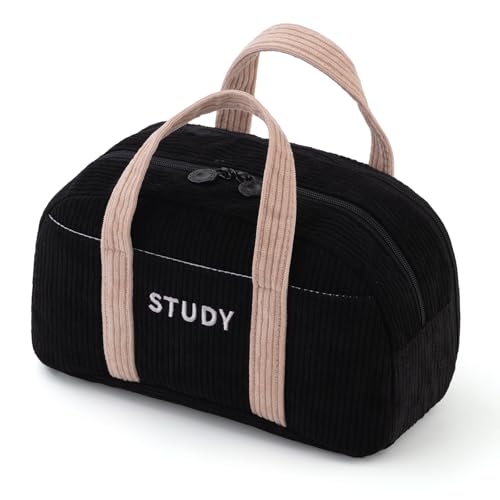 Image of EASTHILL Corduroy Hand-held Pencil Case Large Cute Pencil Pouch Stationery Pen Bag for Teen Girls-Black