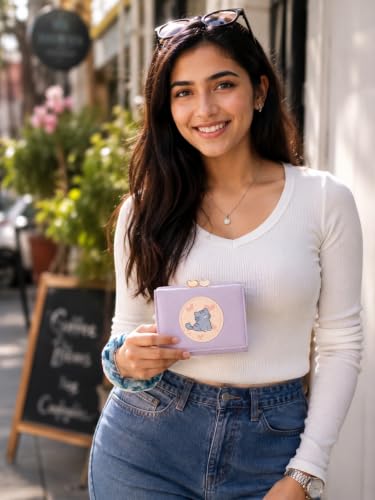 Image of Valerie Cute Small Wallets Clutch for Teen Girl Women PU Leather Trifold Small Wallet Cash Pocket 3D Buckle Card Holder Coin Purse with ID Window for Girls Women (Purple cat)