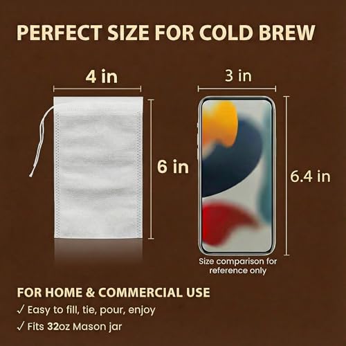 Image of Cold Brew Bags, 120 Count Brew Coffee Filter Bags, 4x6 Inch | Disposable Fine Mesh Drawstring Pouches, Fits Mason Jars & French Press, Ideal for Cold Brew, Coffee, Tea, Herbs & Spices
