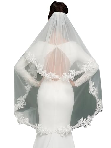 ELAWBTY 2 Tier Fingertip Length Lace Wedding Bridal Veil with Comb for Bride Off-White