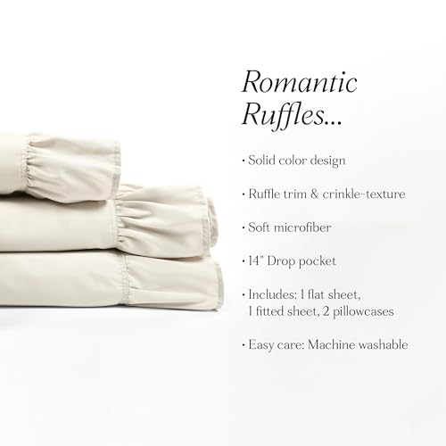Image of Lush Decor Reyna Ruffle Sheet Set 4 Piece Set Twin, Wheat - Twin Sheets Beige - Kids Bed Sheets - Twin Size Bed Sheet Set - Coquette Bedroom Decor