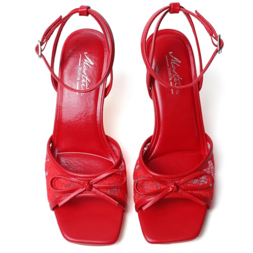 Image of Mostrin Chunky Heels for Women Round Open Toe Strappy Heeled Sandals Ankle Strap Dressy Block Low Heels for Party Wedding Prom Daily