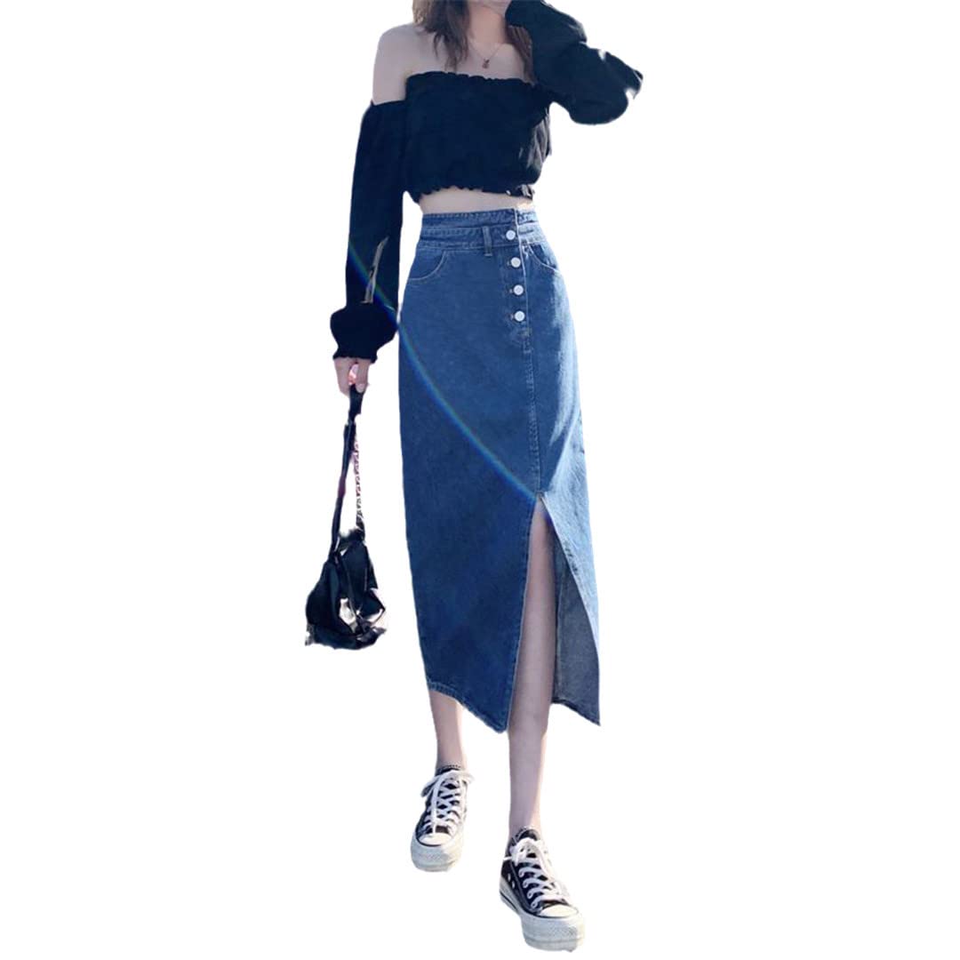 PYTRXGBO Gonna in denim con fessura irregolare retrò da donna estate a vita alta sottile A-Line Pack Hip Denim gonna, Blu, XXL