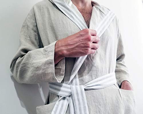 Pure Linen Hooded Bathrobe, Moisture Wicking & Lightweight, Natural Grey, S/M4