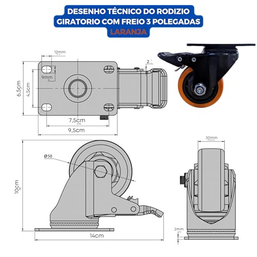 Kit 2 Rodinhas Rodizio Roda 3 Polegadas Resistente C/Freio (Laranja)