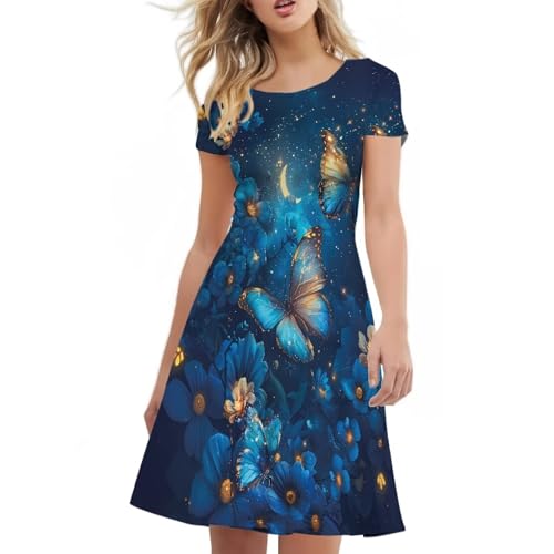 Image of HUGS IDEA Womens Puffy Swing Midi Dress Round Neck Short Sleeve Party A-Line Dresses