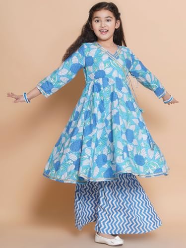 Image of Bitiya By Bhama Girls Floral Printed V-Neck Gotta Patti Pure Cotton Kurta with Sharara(TKS200)