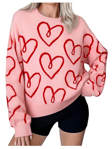 Womens Oversized Bow Sweater Cute Love Heart Print Preppy Pullover Top Chuncy Knit Long Sleeve Valentines Day Sweaters