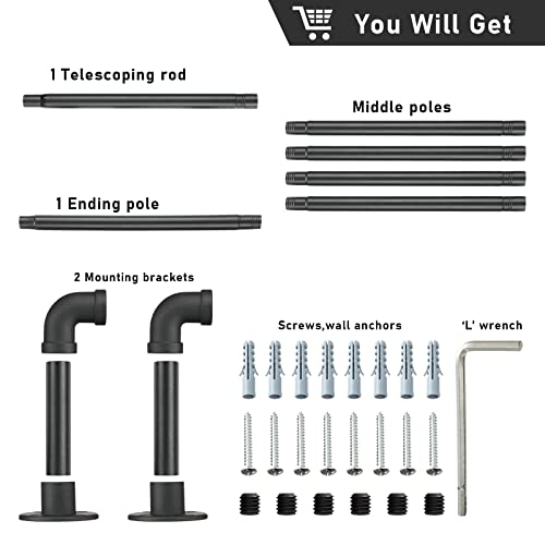 Bsbsbest Industrial Curtain Rods, 34-73 Inch Black Blackout Curtain Rod For Windows, 1 Inch Wrap Around Curtain Rod, Adjustable Outdoor Curtain Rod For Patio, Rustic Pipe Curtain Rod For Room Divider, Matte #TOP5