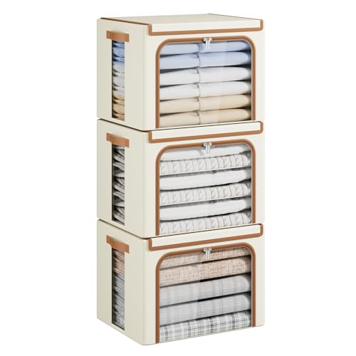 Image of Yecaye Clothes Storage Bins with Metal Frame, Foldable Clothing Storage Bin with Lid, Stackable Oxford Fabric Organizer Box With Clear Window & Zippers & PU Leather Handles (3 Pack,Beige,40L)