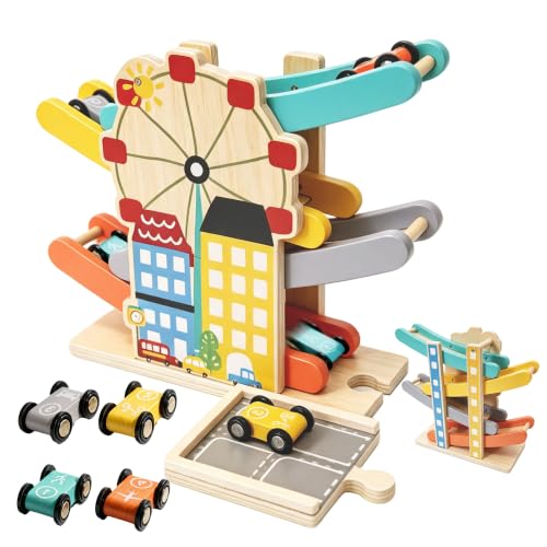 Montessori Toddler Toys for 1 2 Year Old Boys Girls, Wooden Car Ramp Toy for Toddlers 1-3,Race Track Car with 4 Mini Cars & 1 Garage, Birthday Gift for Age 12+ Month