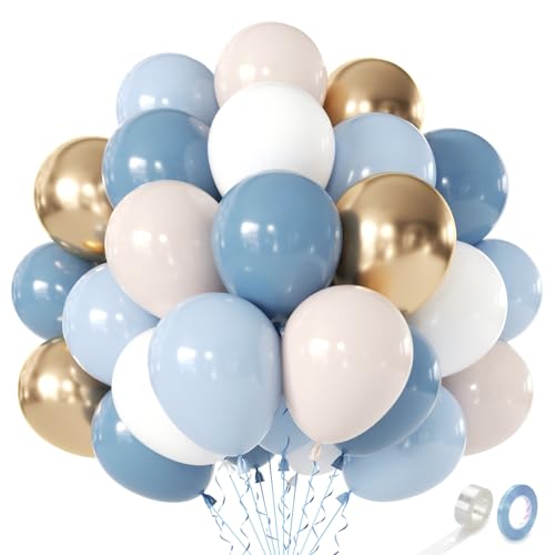 Image of Dusty Blue and Gold Balloons, Light Blue White Sand, Latex, Party Decor | 50 Pcs 12 In, Dusty Blue Gold Balloons, for Gender Reveal Birthday Graduations Weddings Bridal Shower Party Decorations