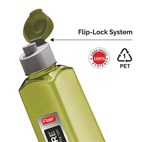 Image of Flair Square PET Water Bottles with Fliptop Lid Set of 6 Pcs 1000 ML (Green)