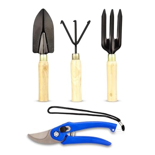 Amazon Brand - Solimo 4-Piece Gardening Tool Set | Hand Cultivator, Trowel, Garden Fork, Pruner | Wooden Handle