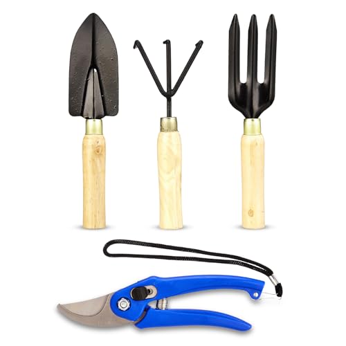 Image of 4 Piece Gardening Tool Set | Hand Cultivator, Trowel, Garden Fork, Pruner with Wooden Handle