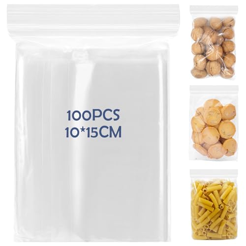 GAOHUI 100Pcs Grip Seal Bags, 10x15cm Clear Plastic Bags, Resealable Small Storage Pouches, Poly Zip Lock Bag for Kitchen Storage, Sweets, Seeds, Jewelry, Snacks