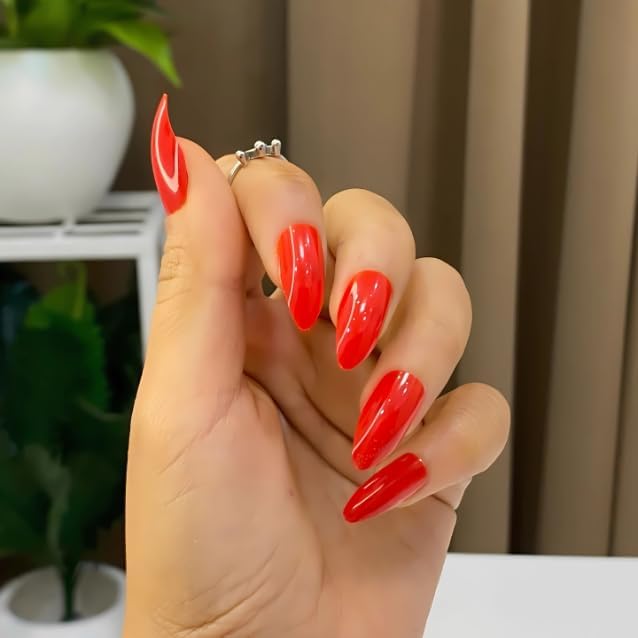 Image of Classic Red Glossy Press On Nails | Almond Shape Fake Nails | Reusable Stick On Nails for Women | Salon Finish (24 Pcs Nail Kit)