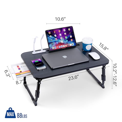 Laptop Desk for Bed, Height Adjustable Laptop Bed Table, Foldable Portable Lap Desk Stand with USB/Storage Drawer/Cup Holder/Slot, Breakfast Tray for Working Reading Writing Eating, Black