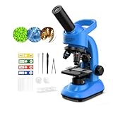 WSDMIC Microscope for Kids Scientific Experiment Kit 40X-1600X Magnification LED Light Educational STEM Kit with Slides and Lab Tools (Blue)