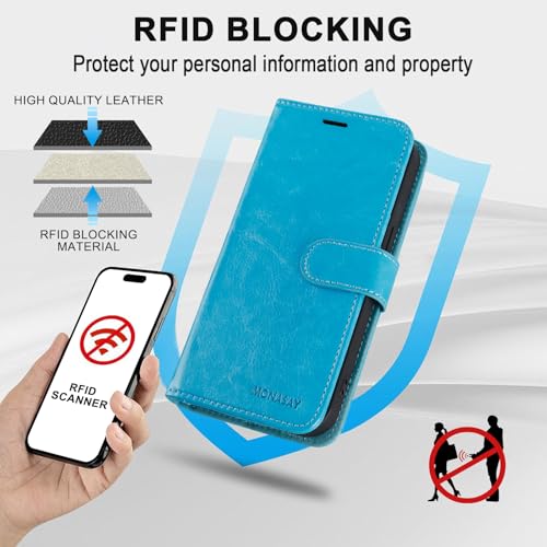 Image of MONASAY Vegan Leather Fit for iPhone 14 Pro Max 5G Wallet Case, 6.7-inch, [Glass Screen Protector Included] [RFID Blocking] Flip Folio Phone Cover with Credit Card Holder,Light Blue