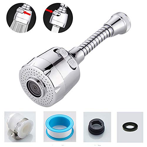 Preisvergleich Produktbild 36°Drehbarer Wasserhahn Sprühkopf, Wasserhahn Verlängerung Spritzkopf, Wasserspeicherhahn im Doppelmodus, mit 4 Zubehörteilen für Wasserhahn mit 15 Bis 22 mm Durchmesser, Silber