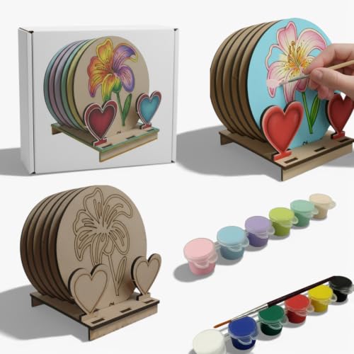 Image of BAGJI TOYS DIY Coaster Painting Kit for Kids & Adults - 6 Pre-Marked Wooden Tea Coasters with Stand, 12 Non-Toxic Water Base Colours & 1 Brush - Mandala Art & Craft DIY Set - Beginner Friendly Painting Craft Kit, Birthday & Gift Activity (MNDC1)