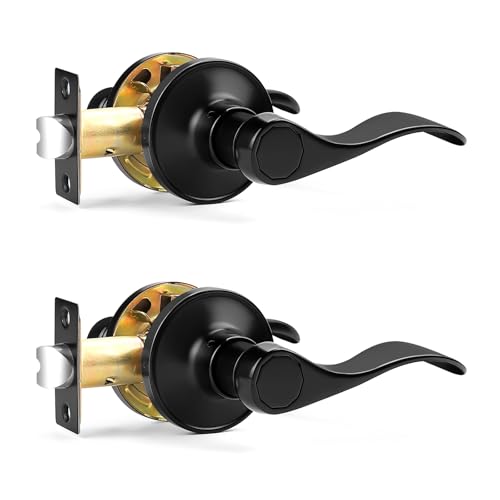 Probrico Wave Style Matte Black Passage Door Knobs, Reversible Door Levers for Hallway and Closet, Interior Keyless Door Handles for Right/Left Handed Doors, 2 Pack