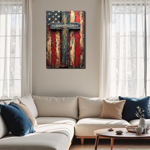 Image of Framed Vintage Cross American Flag Wall Art, Patriotic Rustic Canvas Art Pictures, USA Flag Wall Decor, Made in USA Ready to Hang for Living Room Garage