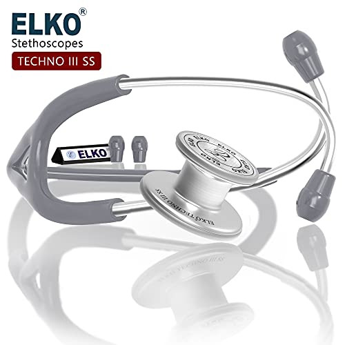 Image of ELKO EL-170 TECHNO III SS Stainless Steel Acoustic Stethoscope | Adult & Pediatric Stethoscope With Double Sided Chestpiece | Two-Way PVC Tubing | Doctors & Medical Students (Grey)