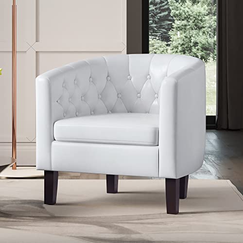 Image of BELLEZE White Accent Chairs for Living Room, Set of 2 Elegant Arm Chairs, Upholstered Tufted Barrel Chairs Club Chairs for Bedroom with Sturdy Legs and Faux Leather - Berlinda (White)