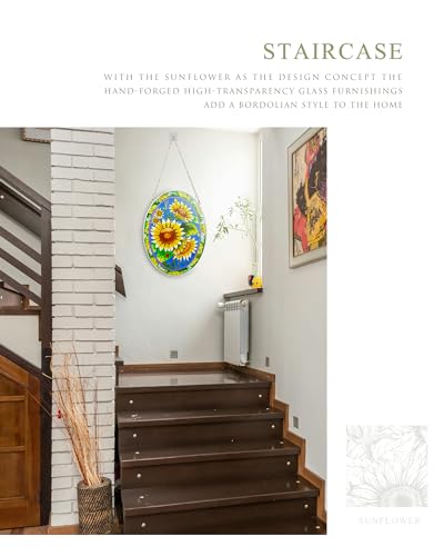 image for XLAN Oval Sunflower Sun Catcher, Stained Glass Window Hangings, Suncat