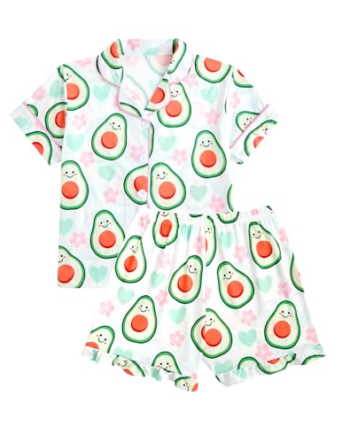 JiAmy Girls Pyjamas 2 Piece Set Fruit Print Short Sleeve Button Down PJs Breathable Nightwear Soft Sleepwear Green Avocado