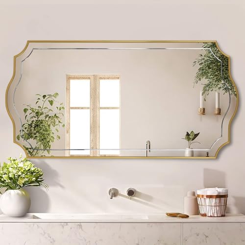 Image of POZINO 47 inchx24 inch Large Scalloped Wall Mirror, Gold Elegant Decorative Mirror | Thickened Wooden Frame, HD Glass, Horizontal /Vertical Hanging, Rectangle Wavy Wall Mirror for Entryway Bedroom Living Room