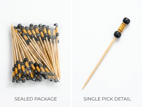 Image of Somani Decorative Bamboo Cocktail Picks Black Bead | Double Ball Topper Fancy Food Picks for Appetizers, Drinks & Garnish | Cafe, Lounge, Bakery, Catering & Home Entertaining | Pack of 100