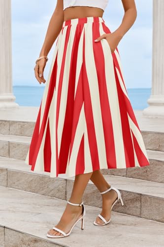 Image of Cicy Bell Womens Summer Striped Maxi Skirts A-Line Beach Vacation Outfits | Elastic Waist, Side Pockets, Flowy, Midi Length, Color Contrast, Trendy Casual