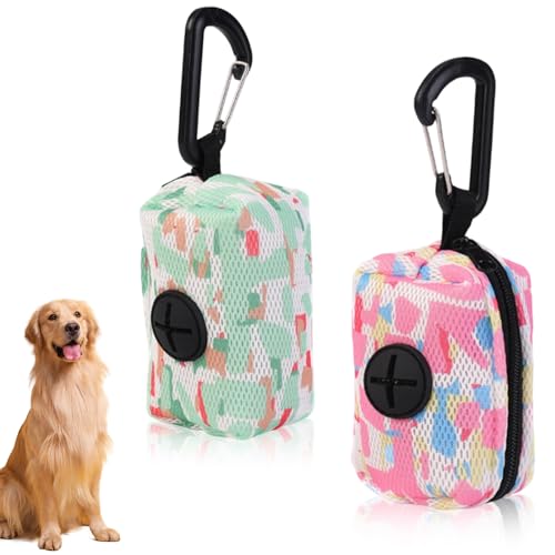2 Pièces Distributeur sac a crottes, Sac chien crotte, Porte Sac Dejection Canine avec Mousqueton, Supports de Sac, Porte-Sac à Crottes Convient pour la promenade du chien, Rose, vert