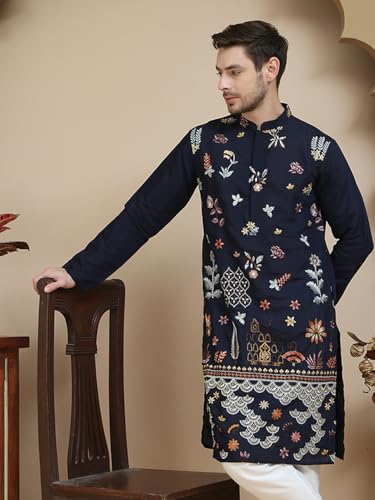 Image of Jompers Floral Embroidered and Sequins Kurtas (Navy Blue, XXL)