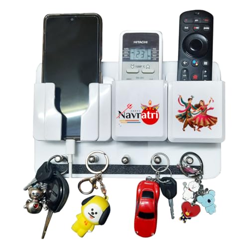 Image of Rainbow Dots ABS Remote Holder with Stainless Steel Key Hooks & Mobile Stand - Modern Wall Mount Organizer for Living Room, Entryway & Office (Navaratri Mob -Key-AC)
