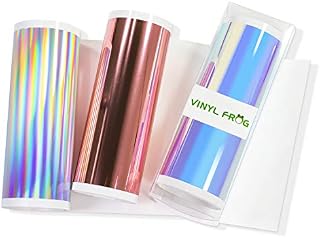 VINYLFROG 3 Sheets Chrome Vinyl Pack, Permanent Adhesive Backed Vinyl Sheets Set, 3 Colors(Opal White, Chrome Rose Gold, Glossy Holographic Silver) Craft Vinyl Pack 5.47"x24"(13.9x61cm) for Cricut Joy
