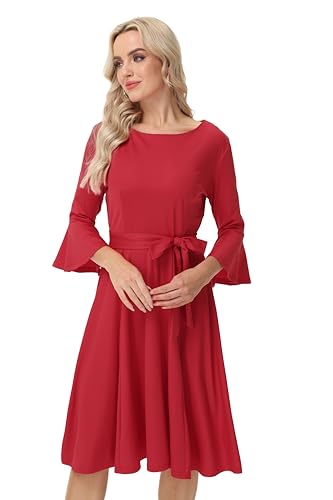 Image of Hostoyo Church Dress for Women Wedding Guest Cocktail Party Dresses Evening Prom Formal Modest Gowns Crew Neck Bell Sleeve