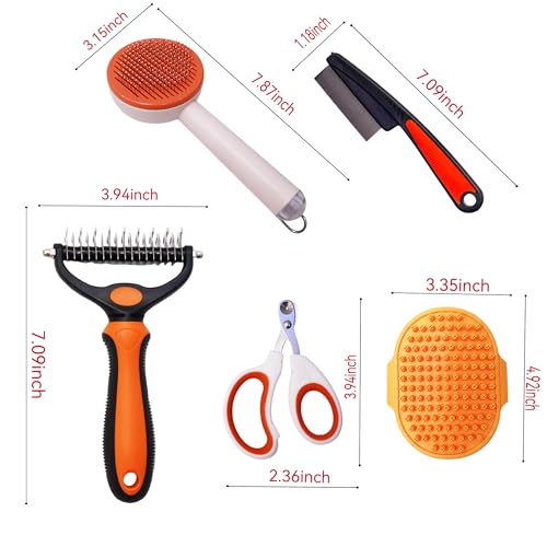 Image of Cat grooming kit,5pcs Deshedding Brush for Cat with Kitten Nail Clipper,Cat Brush,Flea Comb and Bath Brush,Suitable for Short and Long Haired Cats,Indoor Cats and Travel,Orange