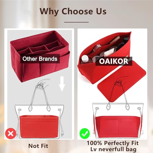 OAikor Purse Organizer Insert, Felt Zipper Bag Organizer with Base Shaper, Handbag Tote Dividers for Inside Purse Accessories, Compatible with Neverfull PM and More,Red/M
