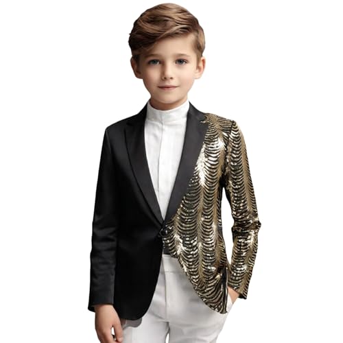 Generisch 2026 - Traje de fiesta de graduación para niños, color sólido, moda, lentejuelas, ajuste estrecho, manga larga, solapa juvenil, abrigo casual, dorado, 8 años