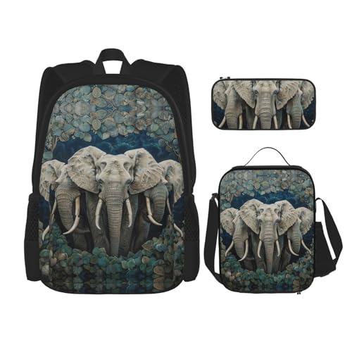 Elephants Art Print 3 Piece Backpack Set, Laptop Daypack, Lightweight Bookbag Set With Lunch Bag Pencil Case