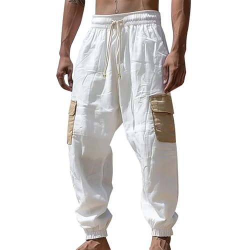 Men's Tear Pants Casual Training Pant Warm Up Loose Casual Open Leg Sweatpants with Pockets Ski Herren Hose (White, XXL)